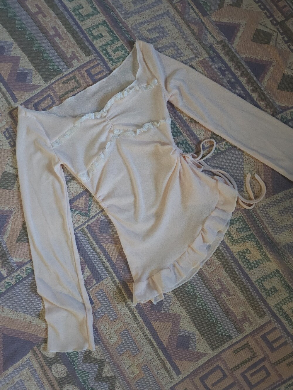 Light Pink Sheer Coquette Long Sleeve Off The Shoulder Top Lace Size Small?